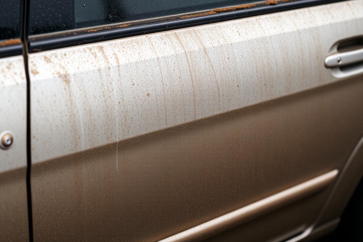 Car door panel covered in road grime before exterior detailing