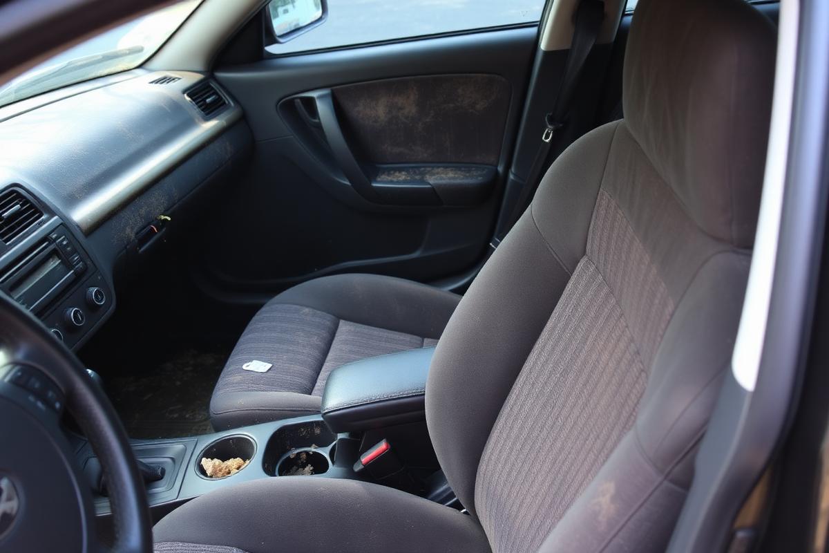 Car interior before detailing with dusty dashboard and stained seats