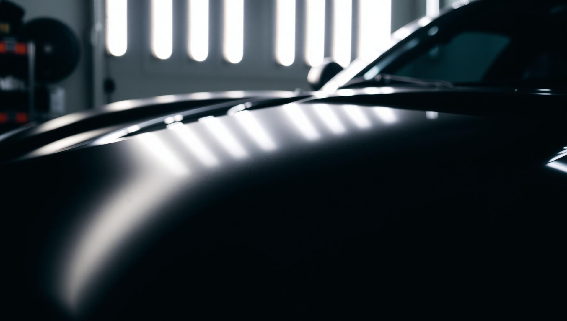 Black sports car hood with mirror-finish ceramic coating reflecting LED studio lights